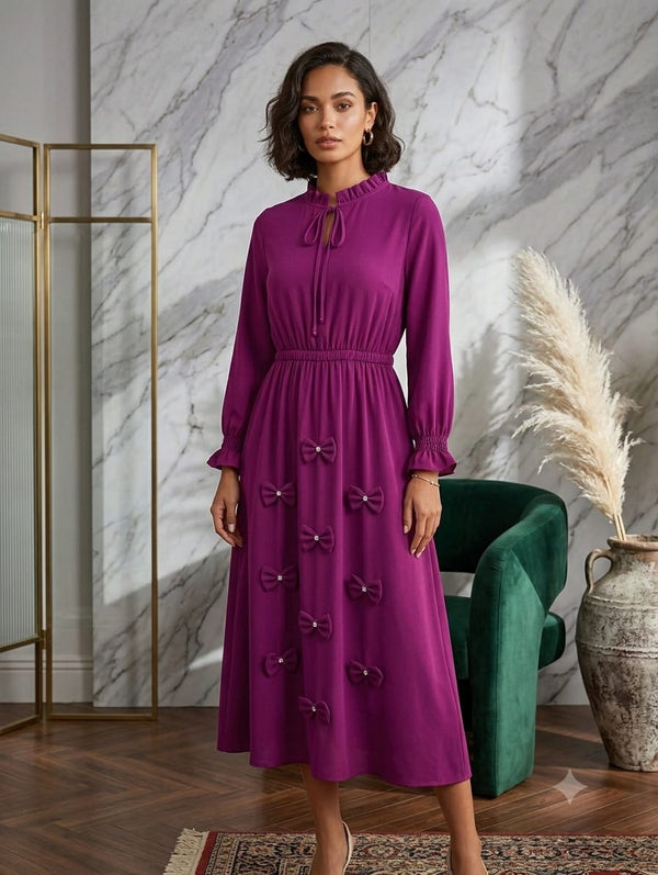 Elegant Magenta Long Sleeve Midi Dress with Bow Accents & Ruffled Collar
