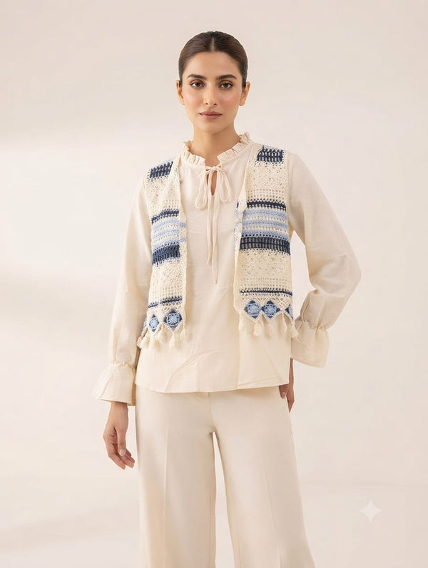 Embroidered Chikankari Ruffle Top & Crochet Vest Set – Off-White & Coastal Blue
