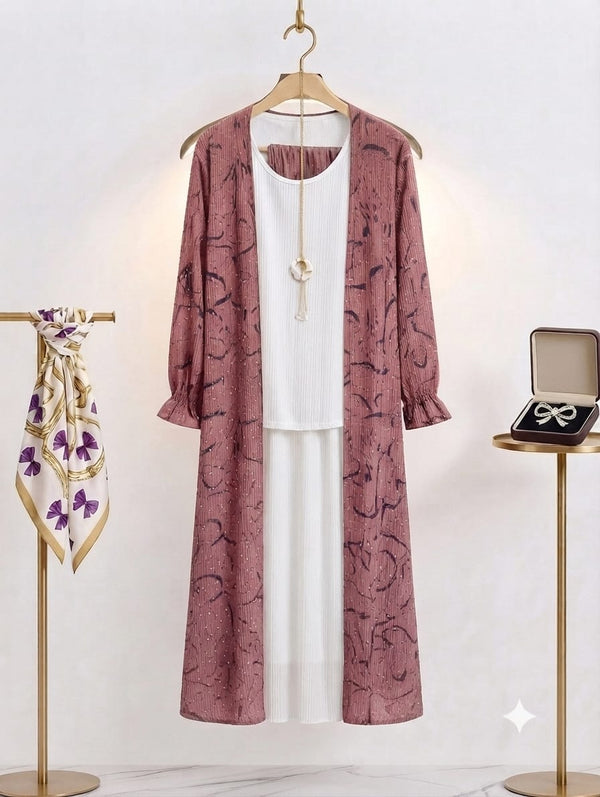 Textured Printed Duster Jacket and Matching Two-Piece Maxi Set